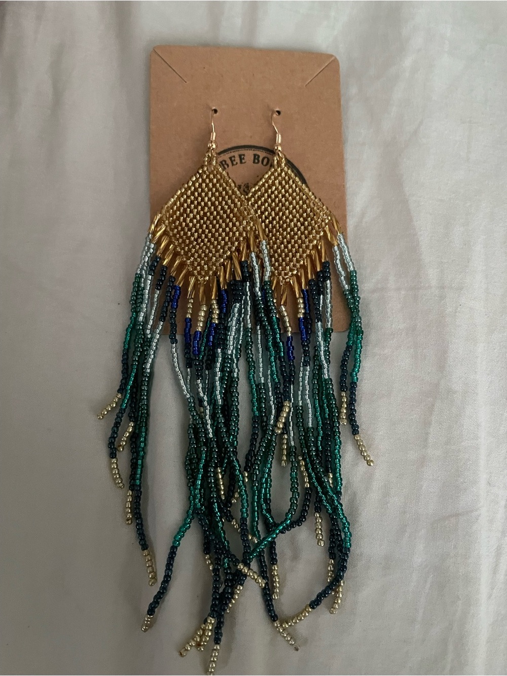 Gold tone and Green Beaded Fringe Earrings. Coastal style